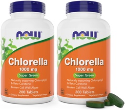 Agora chlorela 1000mg Comprimidos - 200 Contagem (Pacote de 2) - Natural Occurring Chlorophyll, Beta-Caroteno - Não-GMO, Vegan - Verde Super Suplemento Alimentar para Mulheres e Homens