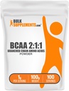 BulkSuplementos.com BCAA 2:1:1 Pó - Aminoácidos de cadeia ramificada, BCAAs Aminoácidos Pó - Sem sabor e sem glúten, 1g por serviço, 100g (3,5 onças) (Pacote de 1)