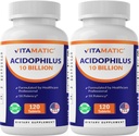 Vitamatic 2 Embalagens Acidophilus Probiótico - 10 Bilhões UFC - 120 Comprimidos - 5X Potência - Suplemento Probiótico Diário, Suporta Saúde Digestiva (Total 240 Comprimidos)