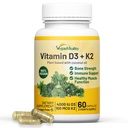 Vitalidade Vegan Vitamina D3 K2 4000UI (100mcg) com óleo de coco, 100% baseado em plantas Vegan Vitamina D para Vegan e Vegetariano - 60 Cápsulas