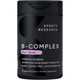 Sports Research® Vitamina B-Complexo - Espetro completo de vitaminas B com metilado B12 & Folato - Gluten Free · Baseado em plantas · Não-GMO · Fórmula Vegan-Amigo - 60 Veggie Softgels