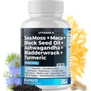 Sea Moss Maca Black Seed Oil Ashwagandha Bladderwrack Açafrão - Manuka Honey, Elderberry, Vitamina C & D3, Dandelion & Black Pepper - Não-GMO - Vegan - Made in USA - 60ct