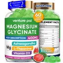 60 dias de fornecimento de magnésio Glicerinato 400mg Gummies com Ashwagandha, L-Theanina, CoQ10, Vitamina D3 & B6, Pastilhas de magnésio livre de açúcar para adultos e crianças, alívio de estresse, sono & calma, Vegan, Glúten livre