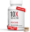 10X Health Focus Rhodiola Rosea - Suplementos Cérebro para Memória e Foco - 60 Cápsulas Foco Suplemento, Suplemento de Memória para Saúde Cérebro com Ginkgo Biloba, Huperzine A - Ginkgo Biloba Cápsulas