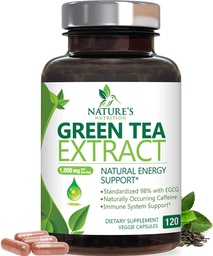 Green Tea Extract Cápsulas 1000mg 98% EGCG padronizado - 3X Força para Energia Natural - Suporte cardíaco com Polifenóis - Cafeína Gentil - 120 Cápsulas
