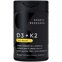 Pesquisa Esportes Vegan Vitamina D3 + K2 Suplemento com óleo de coco orgânico - 5000iu Vitamina D com 100mcg Mk7 Vitamina K - Suporta cálcio para ossos mais fortes e saúde imunológica - 30 Softgels para adultos