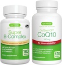 Super B-Complex 180 Comprimidos + Alta Absorção CoQ10 100mg 120 Pacote de Energia Softgels, Complexo B de liberação sustentada metilada + CoQ10 com vitamina E & D-Limoneno, por Igennus