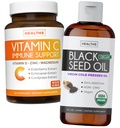 Pacote de óleo de semente preta Líquido & Vitamina C - Imune Fusion Booster Pack - Orgânico Black Seed Oil Líquido (8fl oz) Premium Pressed a frio Nigella Sativa & Vitamina C Suporte Imune (Non-GMO) (60 Cápsulas)