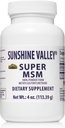 Sunshine Valley® Super HSH Supplement - Metilsulfonilmetano Cristais MSM Pó para apoio conjunto, unhas, cabelo e saúde da pele - 100% puro em pó, sem sabor, Suplemento dietético - 4 onças