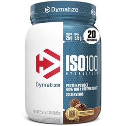 Dymatize ISO100 Whey Protein Powder Isolate, Chocolate Gourmet, 25g de proteína, 20 Servings, 5,5g BCAAs, Menos de 120 Cal., Gluten Free, 1g Fat, 1g Sugar, 2g Carb