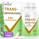 99% Ultra Pureza Trans-Resveratrol 1100mg, 3-em-1 Advanced Formula Organic Resveratrol Supplement, Max Antioxidante, Antienvelhecimento, Saúde da Pele, Reparação de Células, Boost NAD+, Imune & Energia, 60 Caps