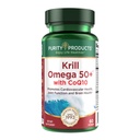 Krill Omega 50 Plus w/ CoQ10 de produtos de pureza - 1300mg Óleo de krill e mistura de óleo de peixe - 100mg CoQ10 - 500mg Astaxantina Natural - Suporte para articular, saúde cerebral e muito mais - 60 Mini Softgels