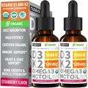 (2 Pack) Vitamina orgânica D3 K2 Drops 5000 UI com MCT Oil Omega 3 - Máxima Força Líquida D3 sem Enchimentos, Não-GMO para Absorção Mais Rápida, Suporte Imune (Strawberry, 2 Fl Oz)