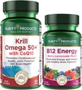Pacote de produtos de pureza - Krill Omega 50+ com CoQ10 + B-12 Derretimento de energia - Krill Omega 50+ com CoQ10 (Óleo de krill, Óleo de peixe, CoQ10, Vitamina D) B-12 Derretimento de cerveja (Metilcobalamina B12 + B6 + D3 + Mais)