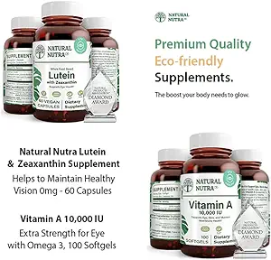 Natural Nutra Lutein e Zeaxantina Suplemento Soja Grátis, 20mg - 60 Cápsulas e Vitamina A 10.000 UI, Ajuda a manter uma visão saudável com Omega 3, 100 Gluten Free Softgels