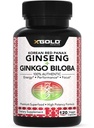 Autêntico coreano vermelho Panax Ginseng 1200mg + Ginkgo Biloba 160mg – Alto Ginsenosides força extra – Energia, memória, foco & saúde cerebral – Vegan Cápsulas para homens e mulheres – 120 Conde