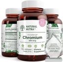 Natural Nutra GTF Chromium Polynicotinate com ChromeMate, Suporta o metabolismo do corpo, Apoiar a saúde do coração, Manter o nível de gordura corporal, melhorar a digestão, Saúde cardiovascular, 200 mcg, 120 comprimidos Vegan