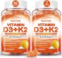 Vitamina D3 K2 Gummies para Adultos - Vitamina D3 5000UI + K2 (MK-7) 120mcg - Suplementos sem açúcar D3 e K2 com Omega-3, Metil B12, B9, B6, Vitaminas E & Zinco - para Absorção de cálcio e Saúde Imune