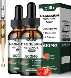 Magnésio Glycinate Liquid Drops Suplementar, com magnésio Glycinate 500mg Ashwagandha, L - Theanina, Camomila - Suportar alívio de estresse, osso, músculo, Mood Strawberry Flavor 2Pack
