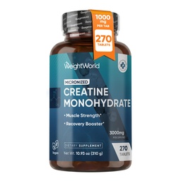 WeightWorld Micronized Creatina Mono-hidratada 3000mg Tablets Vegan □ Força muscular & recuperação Booster □ 3 Meses Fornecimento - 270 Tabs □ Creatina para Mulheres e Homens □ Não-GMO, Gluten-Free □ 3 Tablets por dia