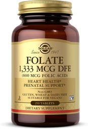 Solgar Folato 1,333 mcg DFE (Ácido Fólico 800 mcg) - 250 Comprimidos - Suporte pré-natal - Não-GMO, Vegan, Sem glúten, Leite Livre, Kosher - 250 Servings