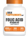 BulkSuplements.com Ácido Fólico Softgels - Vitamina B9, Ácido Fólico 1000 mcg, Suplemento de Folato - Sem glúten, 1 Softgel por serviço, 365 contagem (Pacote de 1)