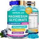 60 dias de fornecimento de magnésio Glicerinato 400mg Gummies com Ashwagandha, L-Theanina, CoQ10, Vitamina D3 & B6, Pastilhas de magnésio livre de açúcar para adultos e crianças, alívio de estresse, sono & calma, Vegan, Glúten livre