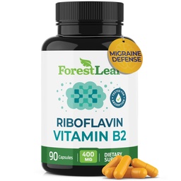 ForestLeaf Vitamina B2 Riboflavina 400mg - Energia, Pele e Suplemento de Saúde Celular - Suporte do Sistema Nervoso - Vitamina B 2 VIT B - Não-GMO e Glúten Grátis - B2 Vitamina 400mg Cápsulas Vegetais, 90 Contagem