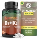 TerraNutri Vitamina D3 K2 Suplemento 5000 UI – Inclui K2 de MENA Q7, D3 de Vitashine, cálcio de Aquamin & 72 Trace Minerals – para Imune, Saúde Óssea e Coração – Não-GMO – 60 Cápsulas Veg