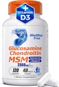 Glucosamina Condroitin MSM + Vitamina D3 □ Suplemento de suporte conjunto sem mariscos para mobilidade, flexibilidade e saúde óssea