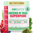 GOBIOTIX Super Verdes e Vermelhos Pó - Superalimento vermelho e verde - Suplemento Probiótico - Enzimas Digestivas e Raiz de beterraba Pó - Alimentos Orgânicos inteiros Suplemento dietético (Pom Framboesa, 1 pacote)