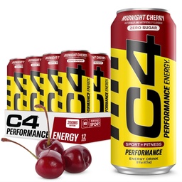 C4 Energia Carbonada Zero Sugar Energy Drink, Bebida pré-treino + Beta Alanine, Cereja Meia-Noite, 16 Fl Oz (Pacote de 12)