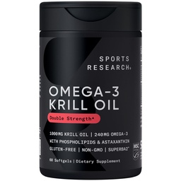 Sports Research Krill Oil Supplement with EPA & DHA Omega 3, Phospholipids & Astaxantina from Antártico Krill - Maior Concentração de Óleo de Krill para Homens e Mulheres - 1000mg, 60 Cápsulas Softgel