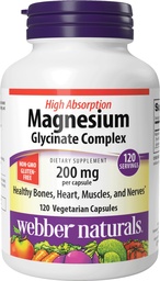 Webber Naturals Complexo de glicinato de magnésio 200 mg, 120 cápsulas vegetarianas, Fórmula de alta absorção, suporta ossos, coração, músculos e nervos, um-por-dia, Vegan, Novo rótulo!
