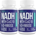 NADH 50mg + CoQ10 200mg + D-Ribose 150mg Suplemento, aumentando NAD+ Suplementos para Sistema Imune, Energia Celular, Foco, Nicotinamida Reduzida Dinucleotídeo Adenina, 120 Cápsulas Veggie