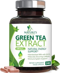 Cápsulas de extrato de chá verde 1000mg 98% EGCG padronizado - 3X Força para Energia Natural - Suporte cardíaco com Polifenóis - Cafeína Gentil - 240 Cápsulas