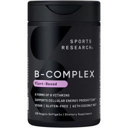 Sports Research® Vitamina B-Complexo - Espectro completo de vitaminas B com metilado B12 & Folato - Gluten Free · Baseado em plantas · Não-GMO · Fórmula Vegan-Amigo - 120 Veggie Softgels