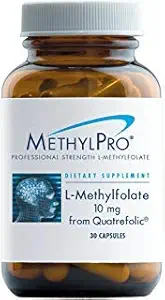 MetilPro L Metilfolato 10mg (de Quatrefolic) - Suplemento de L-Metilfolato de força profissional para suporte ao cérebro e ao humor - Suplemento MTHFR (30 cápsulas)