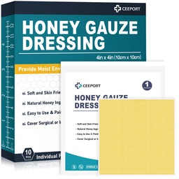 Vestido de feridas de mel gaze, cuidado de feridas de mel de 4" x 4" Manuka, faixas de mel de grau médico para cuidados de feridas, patch de mel para cura mais rápida de queimaduras, abrasões, cortes e escaldamentos (Pack de 10)