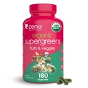 Zena Nutrition Orgânico Super Greens Fruit & Veggies Supplement, 70+ Superalimentos de frutas e vegetais, 3g de fibra, espirulina, chlorela, prebióticos e probióticos, enzimas digestivas, 180 cápsulas
