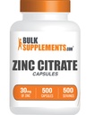 BulkSuplementos.com Zinc Citrate Cápsulas - Suplementos de zinco, Gluten Free - 30mg por serviço, 1 Cápsula por serviço, 500 Contagem (Pacote de 1)