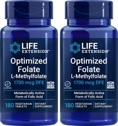 Extensão de vida Folato otimizado (L-Metilfolato) 1700 mcg DFE, 180 comprimidos de Veg (Pacote de 2)