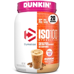 Dymatize x Dunkin' Cappuccino ISO100 Whey Protein Powder, 95mg Cafeína, 25g de proteína5.5g BCAAs, 120 Cal., Glúten Livre, 1g de gordura, 1g de açúcar, 2g de carboidratos (20 Servões)