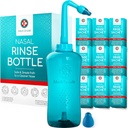 Garrafa de Lavagem de Sino de Grau Medi, 500ml com 30 pacotes de Lavagem de Sino - Sistema de Irrigação Nasal Completo - Limpador de Nariz Neti Pot - Kit de Lavagem Nasal para Casa ou Viagem - 2 Dicas de Lavagem Nasal e Saco de Armazenamento
