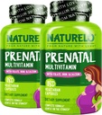 NATURELO Multivitamin pré-natal com ferro quelatado gentil, folato de metilo, planta de cálcio e colina - Vegan, Vegetariano - Não-GMO - Glúten Grátis - 180 Cápsulas - Fornecimento de 4 meses (Pacote de 2)