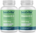 BESTVITE Vitamina B12 (Metilcobalamina) 2000mcg (480 Cápsulas vegetarianas) (2 x 240) (Metil B12) - Sem Estearatos - Vegan - Não OGM - Glúten Livre