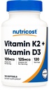 Nutricost Vitamina D3 + K2 (5000 UI D3 / 100mcg MK7), 120 Softgels – Gluten-Free & Non-GMO