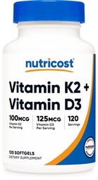 Nutricost Vitamina D3 + K2 (5000 UI D3 / 100mcg MK7), 120 Softgels – Gluten-Free & Non-GMO