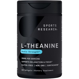 Sports Research Double Strength L-Theanina Supplement - Suntheanina Softgels para Foco, Relaxação e Alerta - Não-Drowsy Support Made with Coconut Oil, Non-GMO & Gluten Free - 200mg, 120 Count