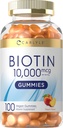 Carlyle Biotin 10000mcg Gummies Contagem 100 Suplemento de sabor de pêssego Vegan, Não-GMO, Sem glúten
